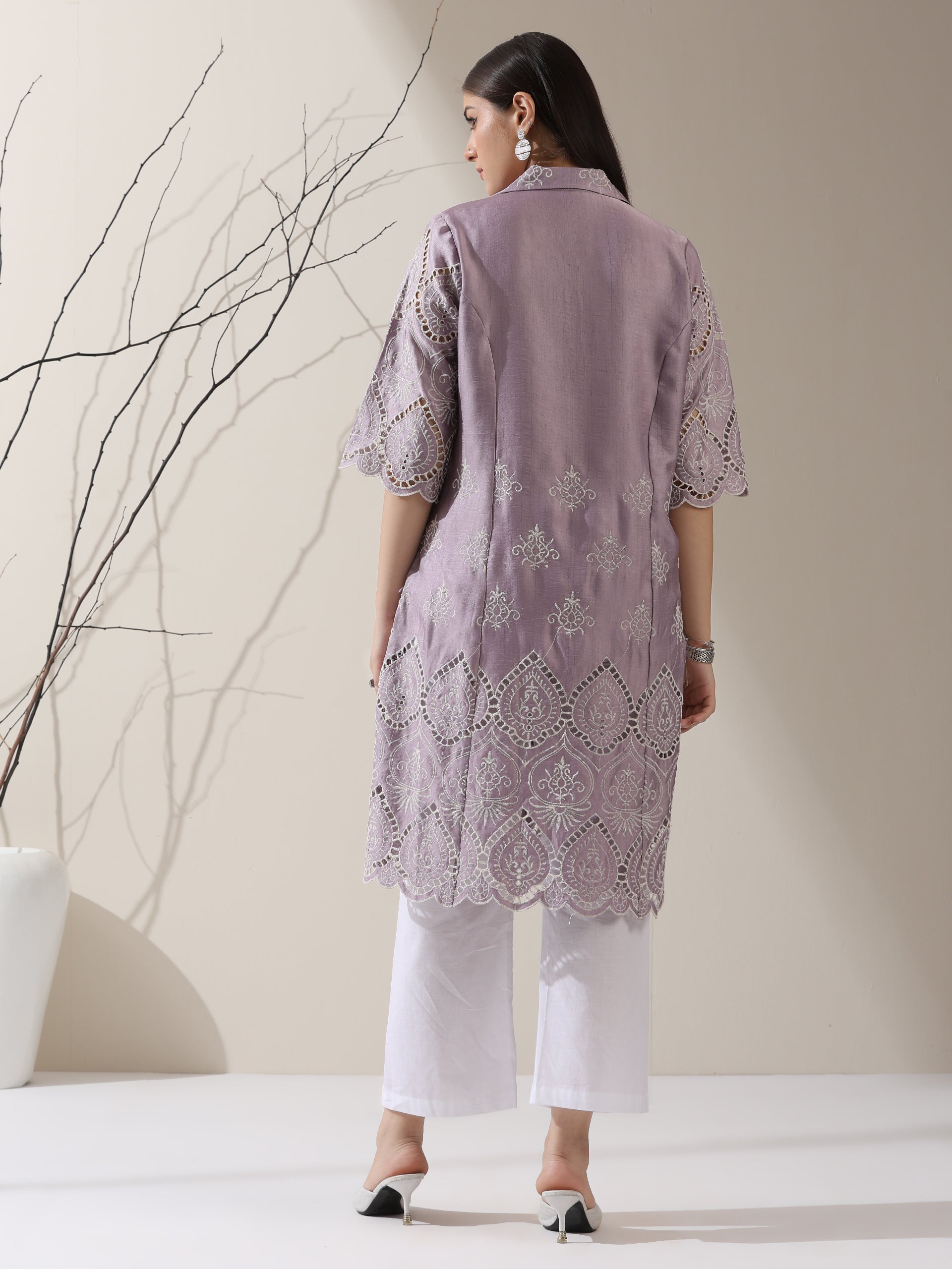Women's Lilac Lux Beetal Schiffli Kurta with Pants | 2 Pc Set, All-Over Embroidery, Collar Panel, Soft Cotton Ethnic Co-ord