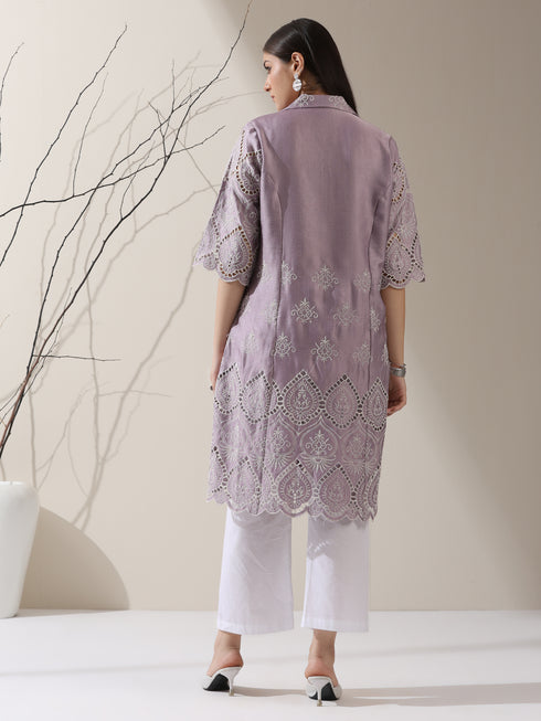 Women's Lilac Lux Beetal Schiffli Kurta with Pants | 2 Pc Set, All-Over Embroidery, Collar Panel, Soft Cotton Ethnic Co-ord