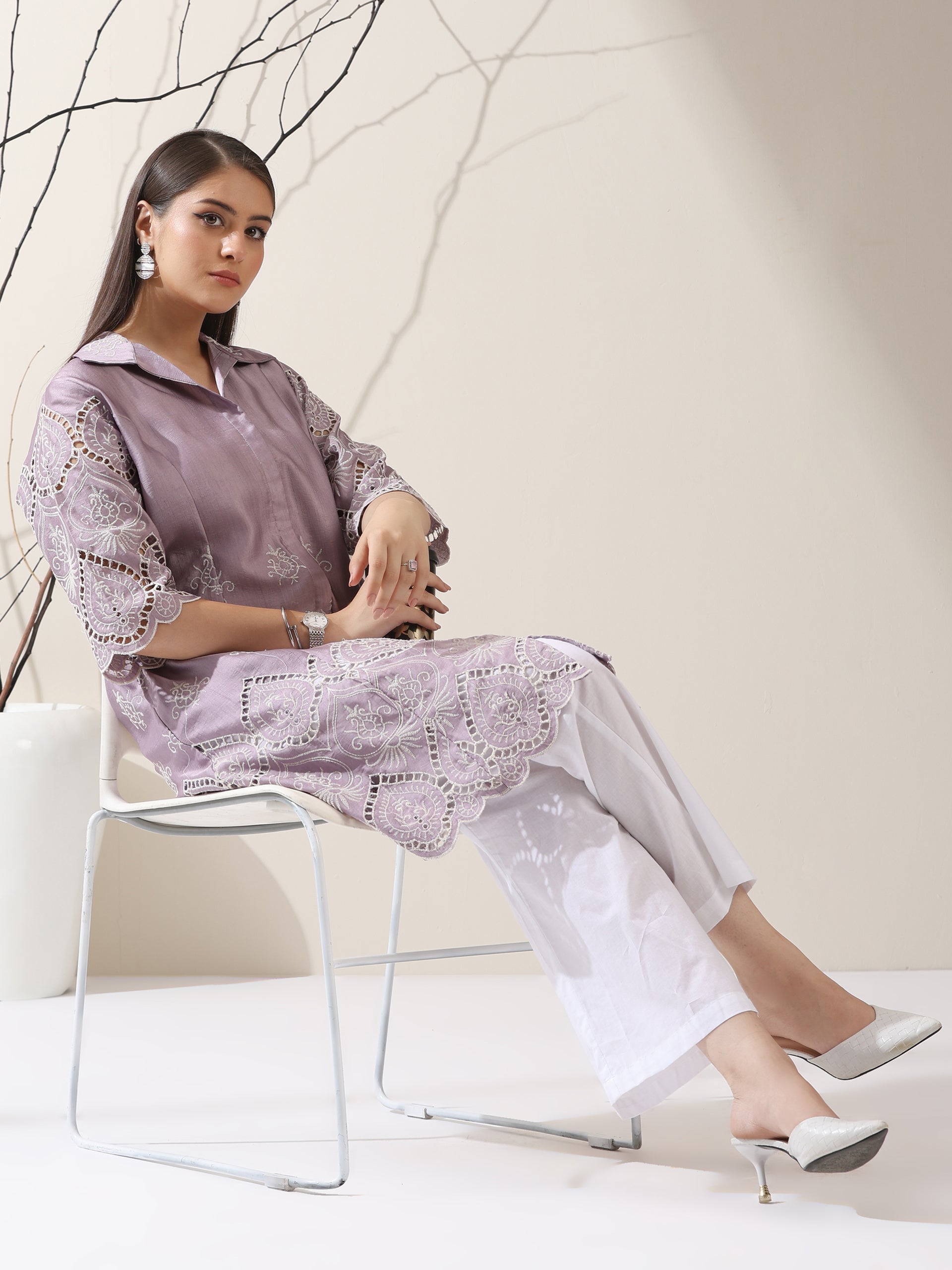 Women's Lilac Lux Beetal Schiffli Kurta with Pants | 2 Pc Set, All-Over Embroidery, Collar Panel, Soft Cotton Ethnic Co-ord