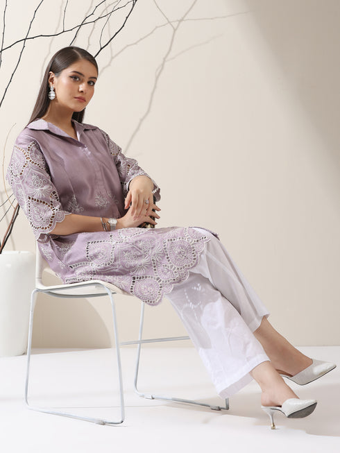 Women's Lilac Lux Beetal Schiffli Kurta with Pants | 2 Pc Set, All-Over Embroidery, Collar Panel, Soft Cotton Ethnic Co-ord