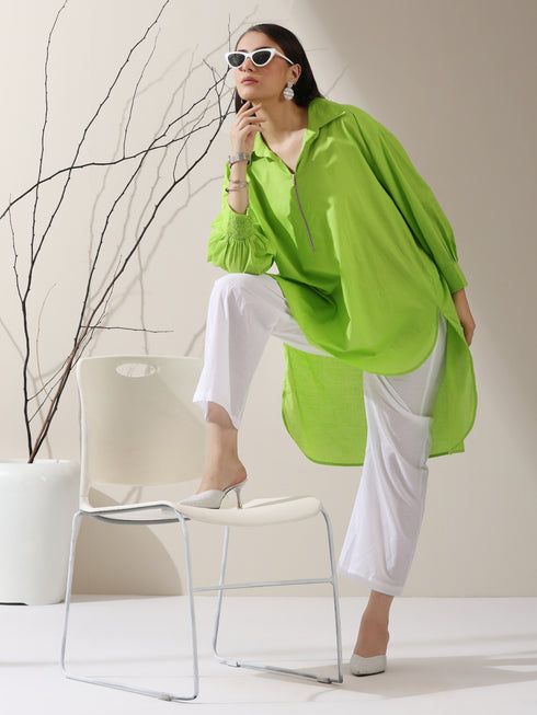 Women's Sinful Green Cotton Long Zip Shirt with Adjustable Sleeves & White Pants | 2 Pc Set, Breezy Ethnic Co-ord, Modern Everyday Wear
