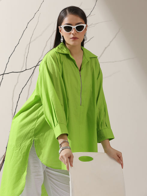Women's Sinful Green Cotton Long Zip Shirt with Adjustable Sleeves & White Pants | 2 Pc Set, Breezy Ethnic Co-ord, Modern Everyday Wear