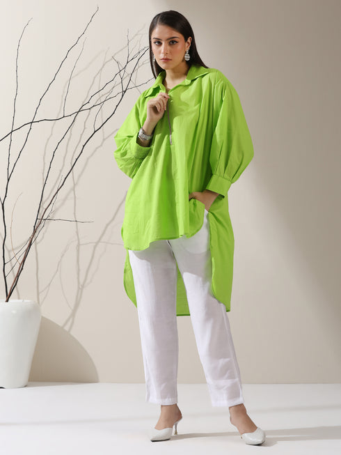 Women's Sinful Green Cotton Long Zip Shirt with Adjustable Sleeves & White Pants | 2 Pc Set, Breezy Ethnic Co-ord, Modern Everyday Wear