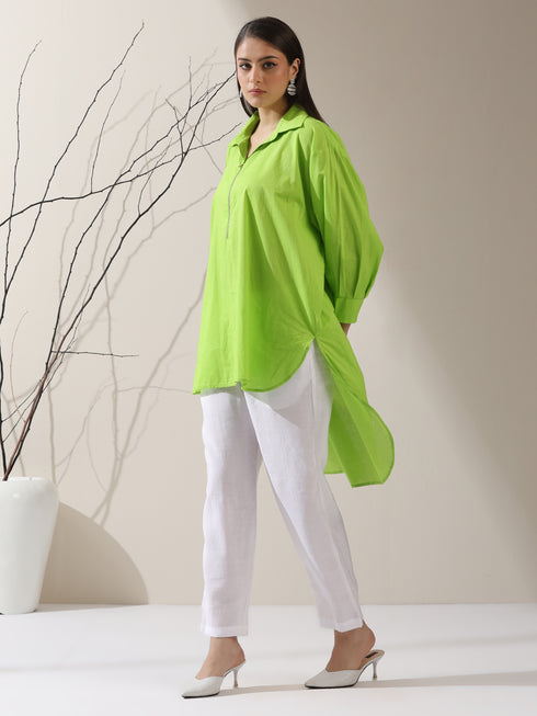 Women's Sinful Green Cotton Long Zip Shirt with Adjustable Sleeves & White Pants | 2 Pc Set, Breezy Ethnic Co-ord, Modern Everyday Wear