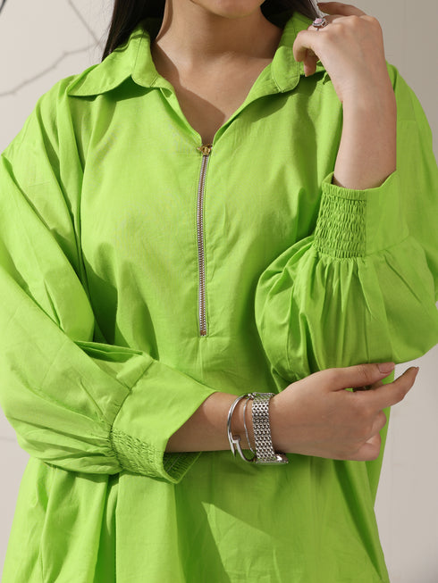 Women's Sinful Green Cotton Long Zip Shirt with Adjustable Sleeves & White Pants | 2 Pc Set, Breezy Ethnic Co-ord, Modern Everyday Wear