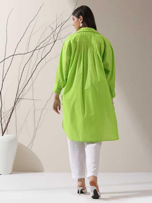 Women's Sinful Green Cotton Long Zip Shirt with Adjustable Sleeves & White Pants | 2 Pc Set, Breezy Ethnic Co-ord, Modern Everyday Wear