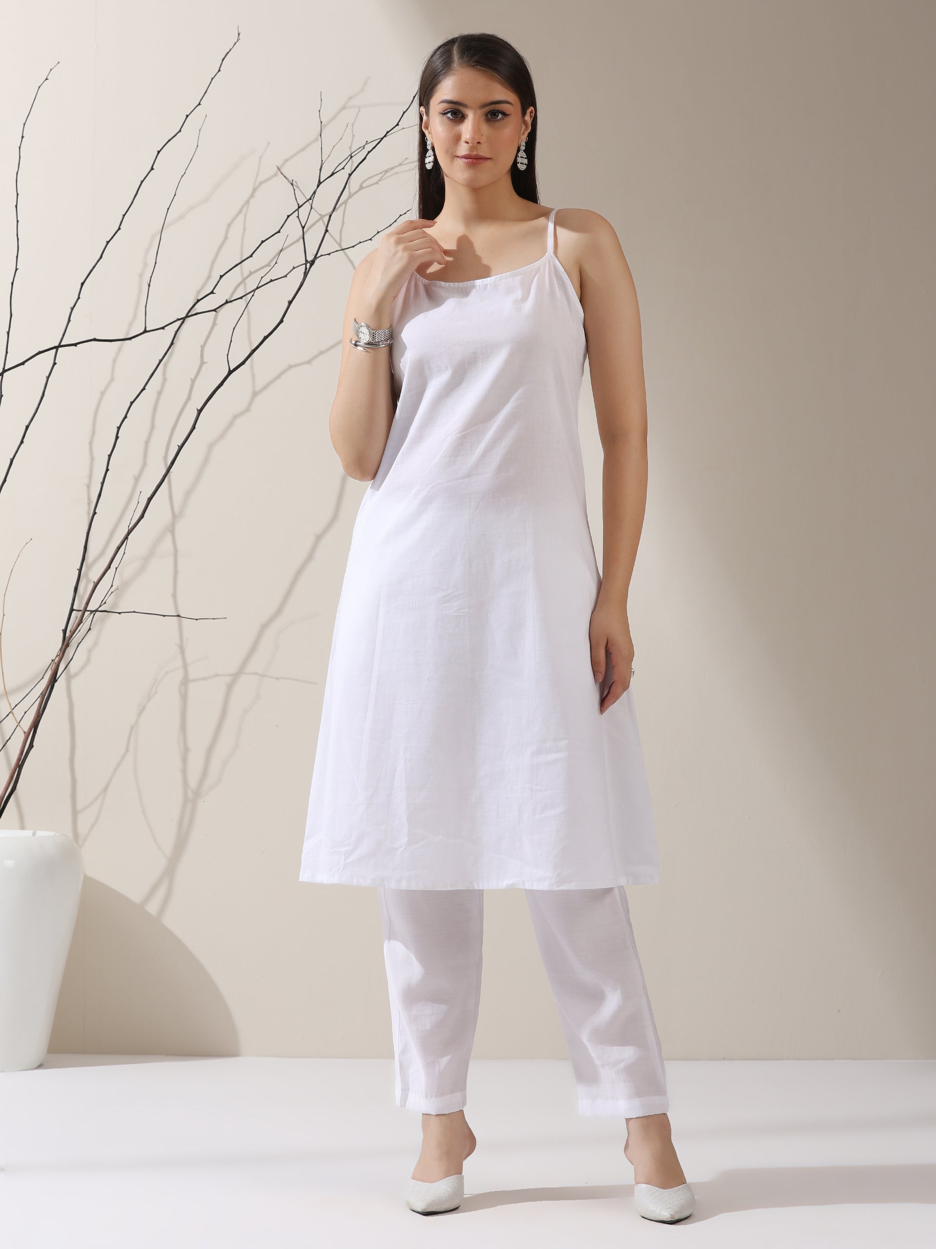 Women’s White Dress Set with Embroidered Net Overlay | 2 Pc Set, Knee-Length, Flared Sleeves, Brunch Wear, Casual, Summer Dress (100% Cotton & Net Fabric)