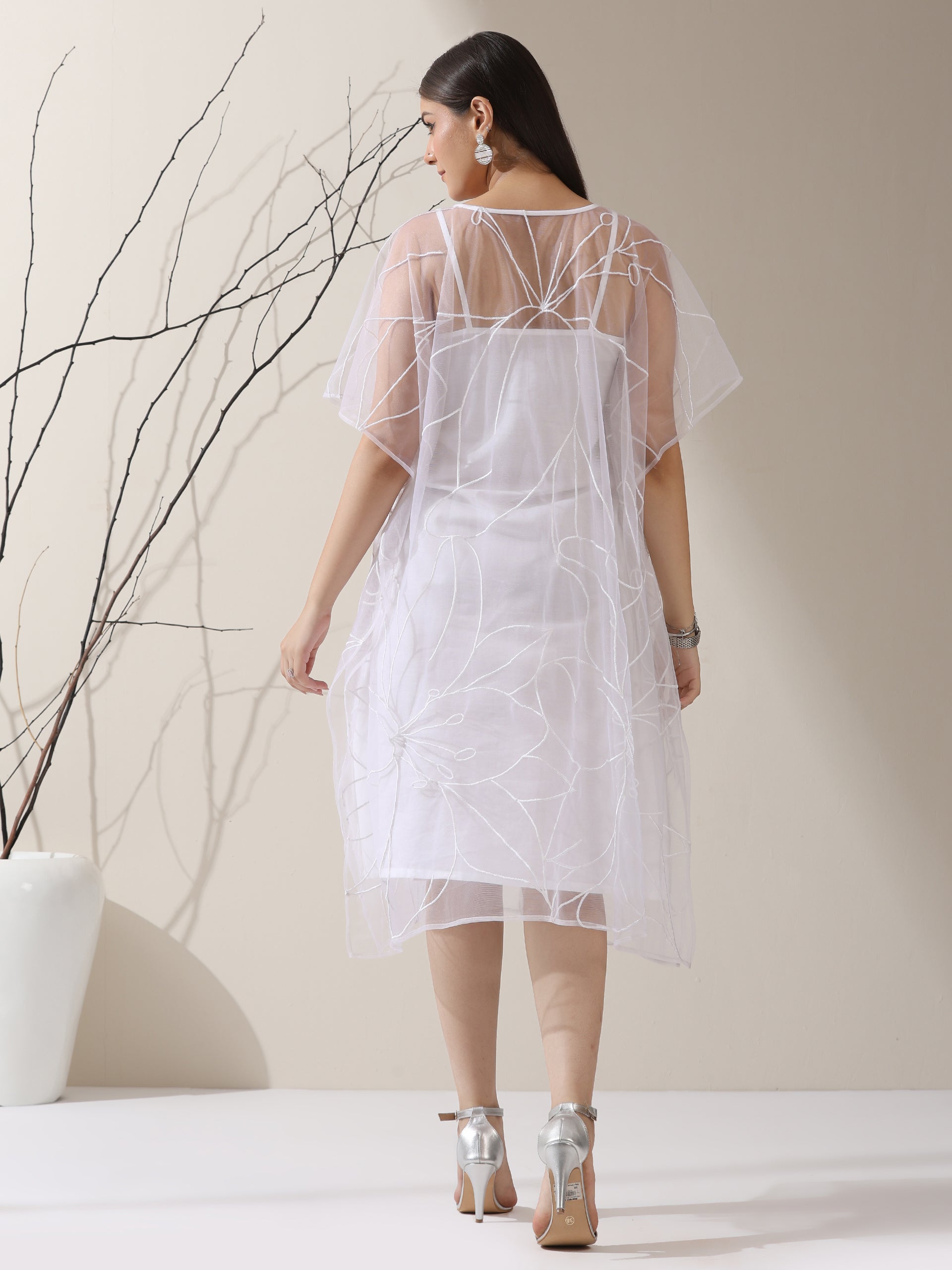 Women’s White Dress Set with Embroidered Net Overlay | 2 Pc Set, Knee-Length, Flared Sleeves, Brunch Wear, Casual, Summer Dress (100% Cotton & Net Fabric)