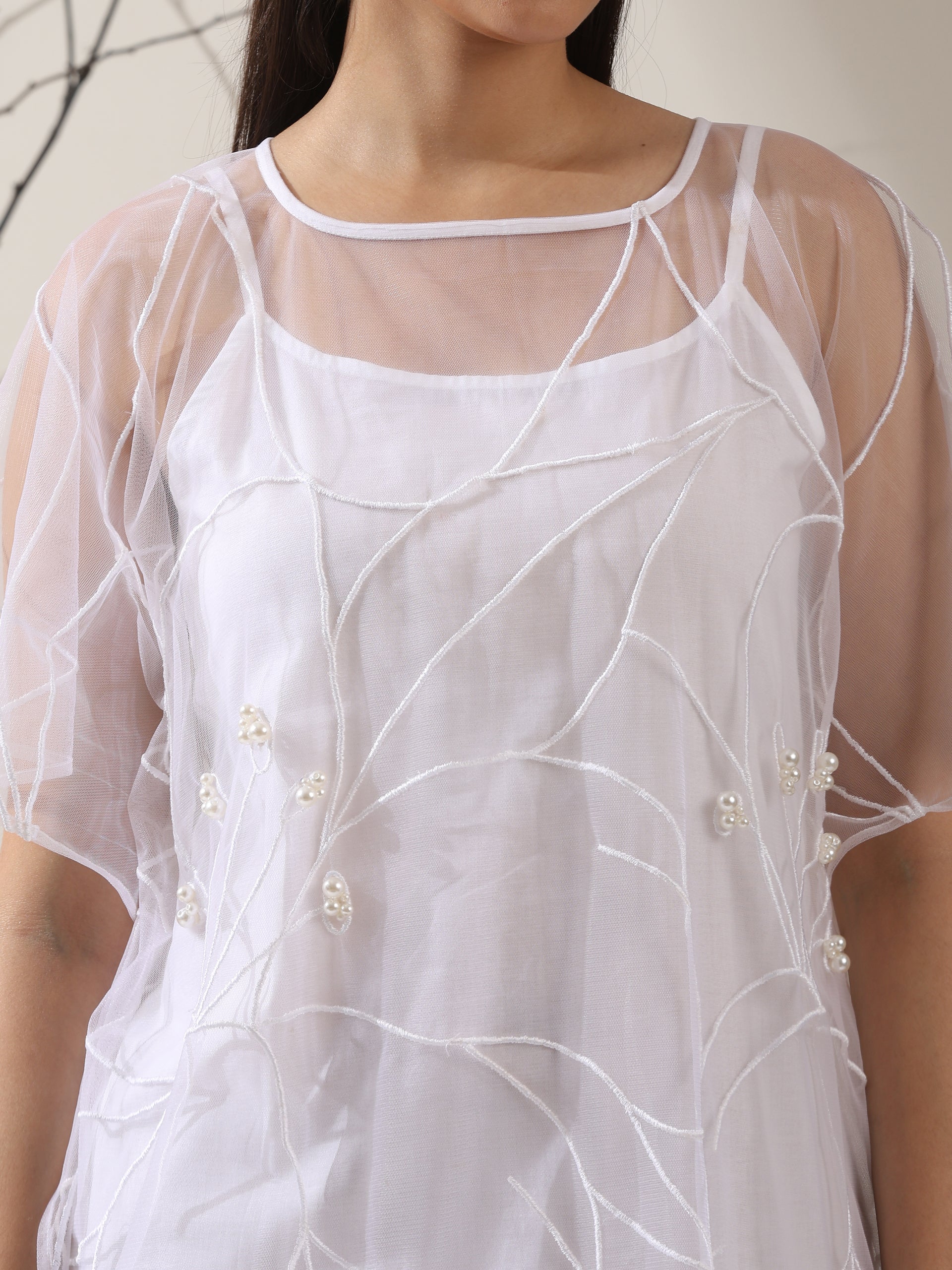 Women’s White Dress Set with Embroidered Net Overlay | 2 Pc Set, Knee-Length, Flared Sleeves, Brunch Wear, Casual, Summer Dress (100% Cotton & Net Fabric)
