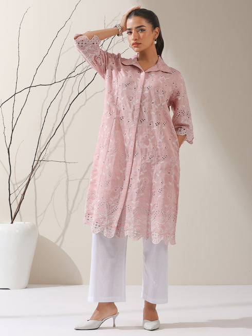 Women's Pink AirSkin Beetal Schiffli Kurta with Paneled Collar & Pants | 2 Pc Set, Lightweight Ethnic Co-ord, Elegant Embroidered Wear