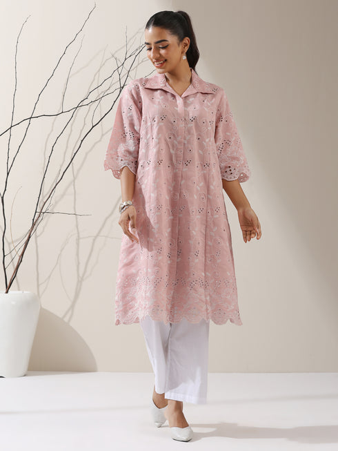 Women's Pink AirSkin Beetal Schiffli Kurta with Paneled Collar & Pants | 2 Pc Set, Lightweight Ethnic Co-ord, Elegant Embroidered Wear