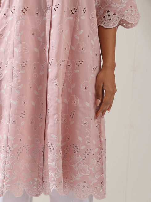 Women's Pink AirSkin Beetal Schiffli Kurta with Paneled Collar & Pants | 2 Pc Set, Lightweight Ethnic Co-ord, Elegant Embroidered Wear