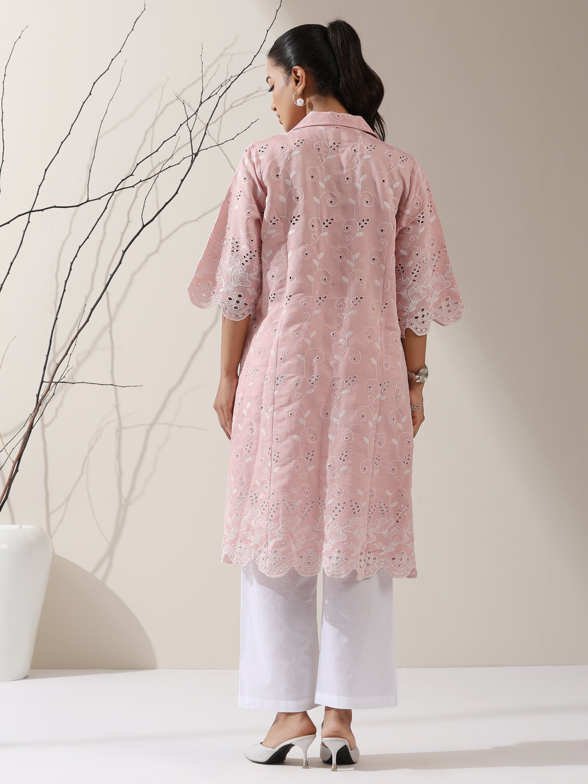 Women's Pink AirSkin Beetal Schiffli Kurta with Paneled Collar & Pants | 2 Pc Set, Lightweight Ethnic Co-ord, Elegant Embroidered Wear