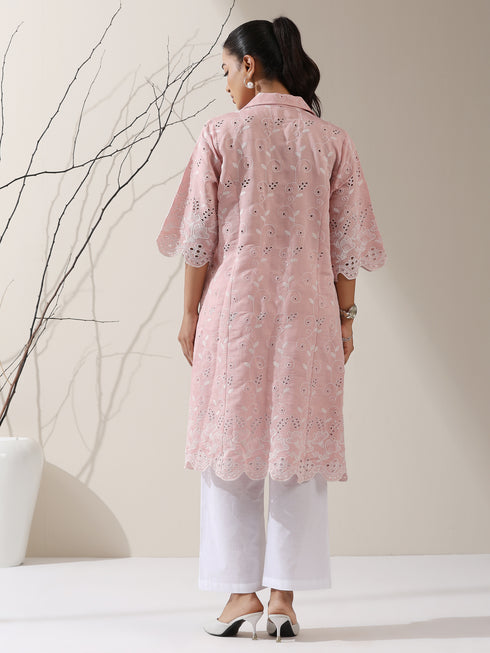 Women's Pink AirSkin Beetal Schiffli Kurta with Paneled Collar & Pants | 2 Pc Set, Lightweight Ethnic Co-ord, Elegant Embroidered Wear
