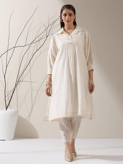 Women’s Chanderi Cotton Kurta & Slip | 2 Pc Set, Collared Neck, Light Festive, Workwear Ready