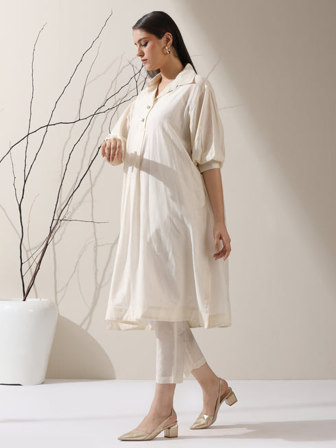 Women’s Chanderi Cotton Kurta & Slip | 2 Pc Set, Collared Neck, Light Festive, Workwear Ready