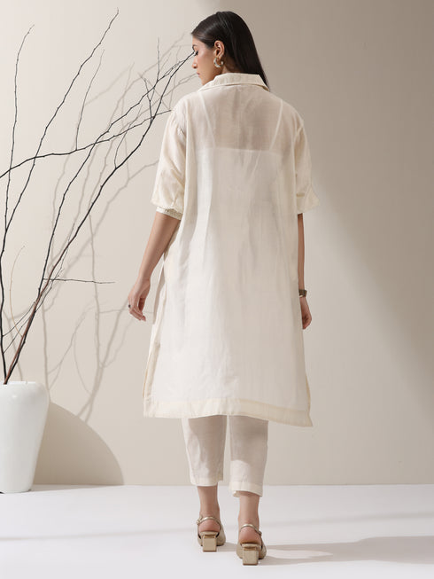 Women’s Chanderi Cotton Kurta & Slip | 2 Pc Set, Collared Neck, Light Festive, Workwear Ready