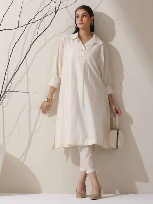 Women’s Chanderi Cotton Kurta & Slip | 2 Pc Set, Collared Neck, Light Festive, Workwear Ready