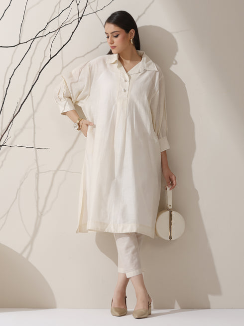 Women’s Chanderi Cotton Kurta & Slip | 2 Pc Set, Collared Neck, Light Festive, Workwear Ready