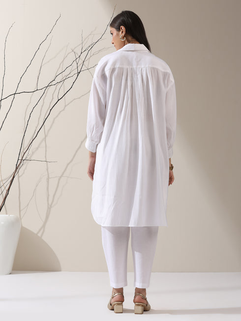 2-Piece White AirSkin Long Shirt Set for Women – Zip-Front Design with Adjustable Sleeves & Matching Pants