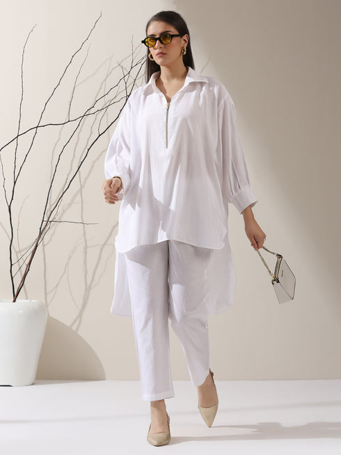 2-Piece White AirSkin Long Shirt Set for Women – Zip-Front Design with Adjustable Sleeves & Matching Pants
