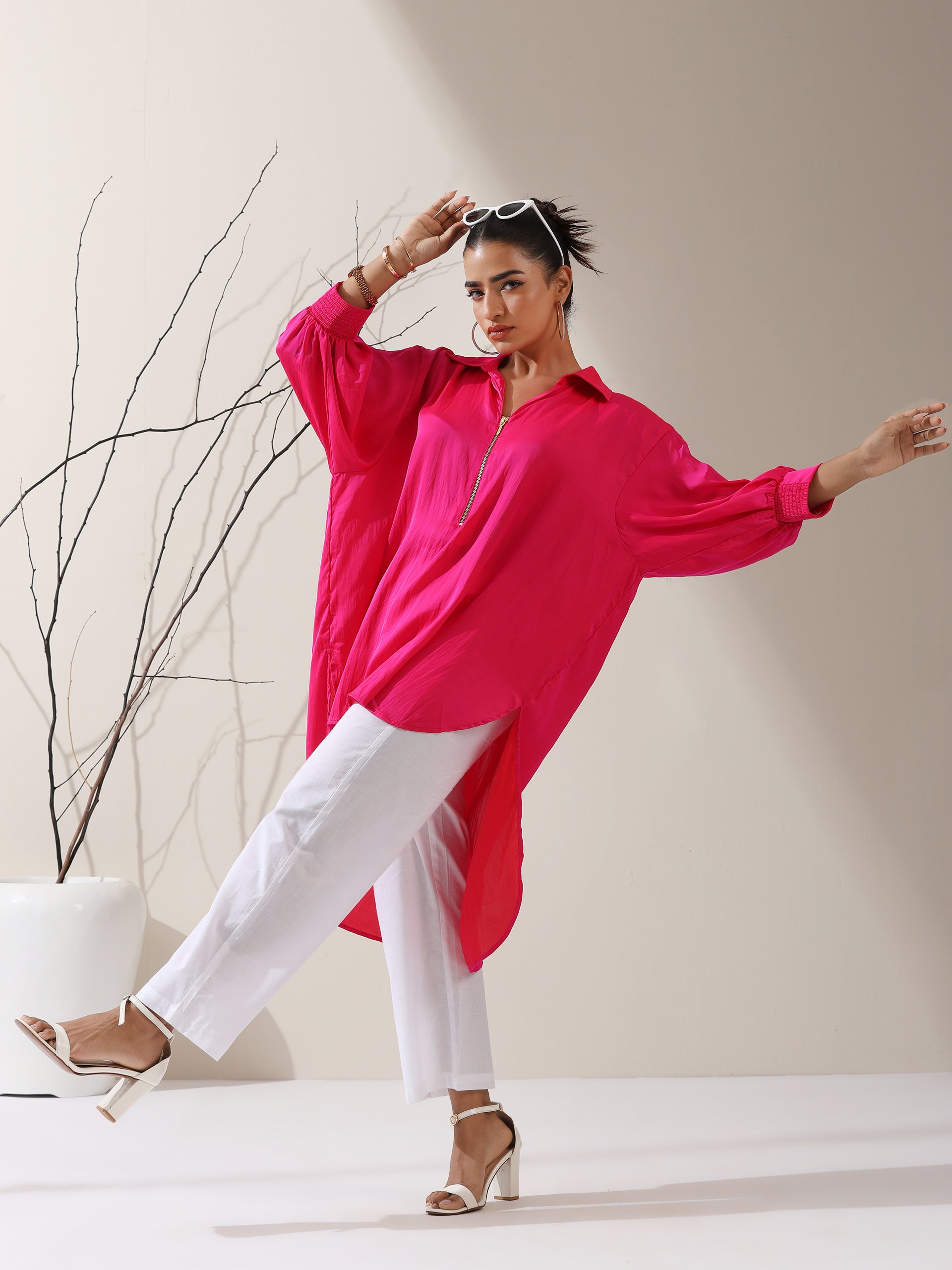Women's Fuschia Satin Long Zip Shirt with Adjustable Sleeves & White Cotton Pants | 2 Pc Set, Bold Fusion Co-ord, Elegant Contemporary Wear
