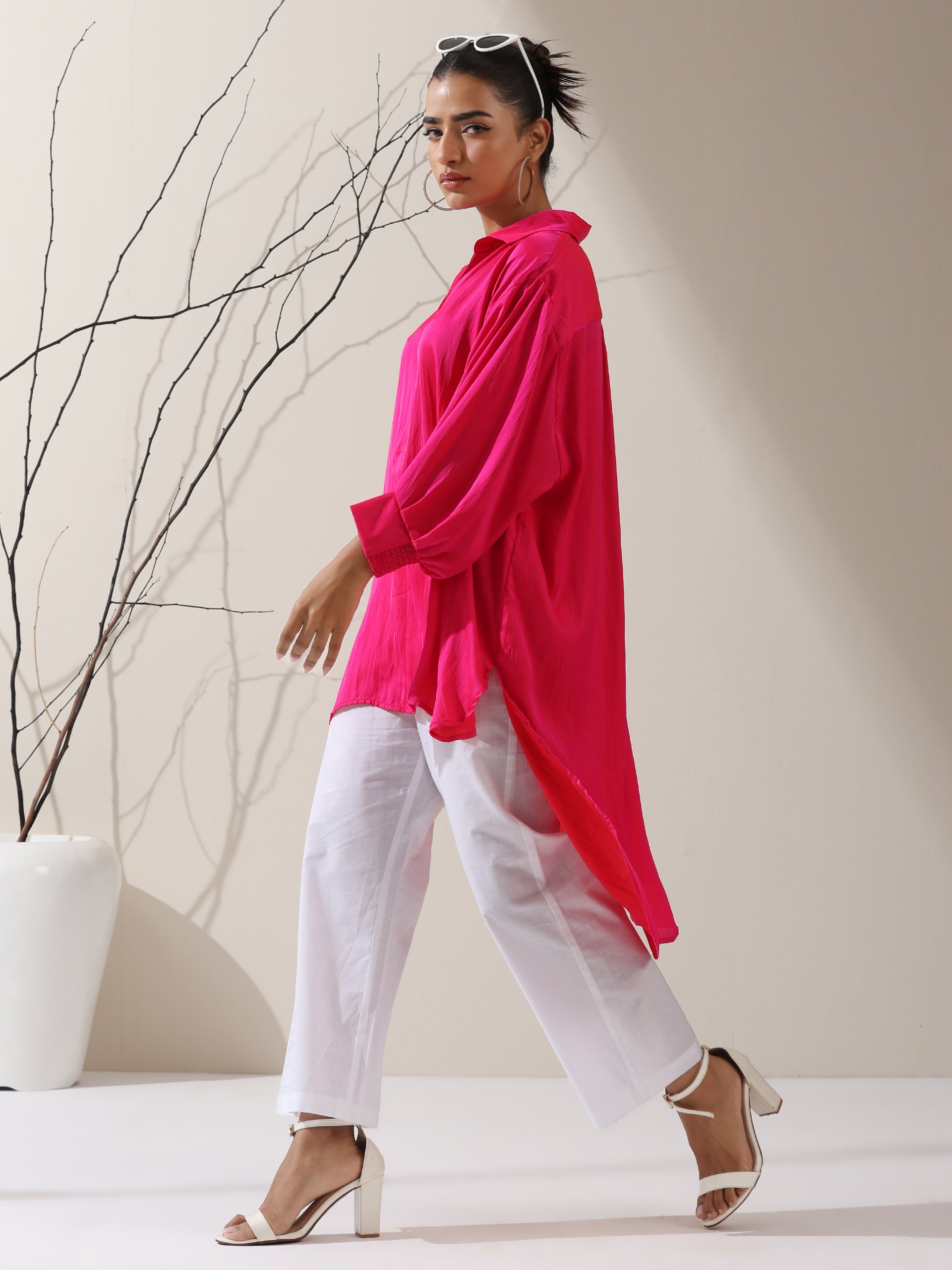 Women's Fuschia Satin Long Zip Shirt with Adjustable Sleeves & White Cotton Pants | 2 Pc Set, Bold Fusion Co-ord, Elegant Contemporary Wear