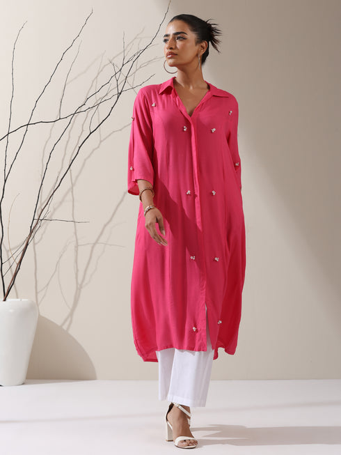 Women's Pink Viscose Paneled Kurta with Pearl-Embellished Collar & Pants | 2 Pc Set, Elegant Ethnic Co-ord, Soft Festive Wear