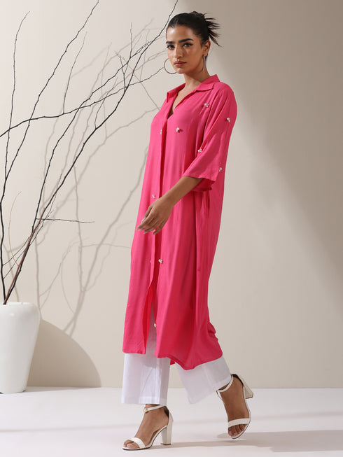Women's Pink Viscose Paneled Kurta with Pearl-Embellished Collar & Pants | 2 Pc Set, Elegant Ethnic Co-ord, Soft Festive Wear