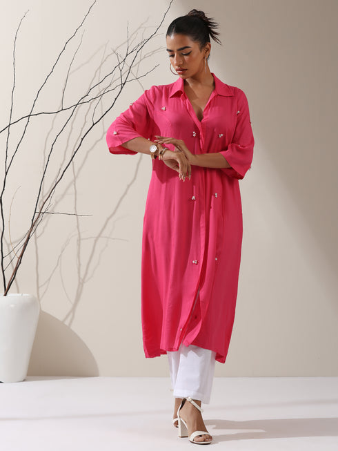 Women's Pink Viscose Paneled Kurta with Pearl-Embellished Collar & Pants | 2 Pc Set, Elegant Ethnic Co-ord, Soft Festive Wear