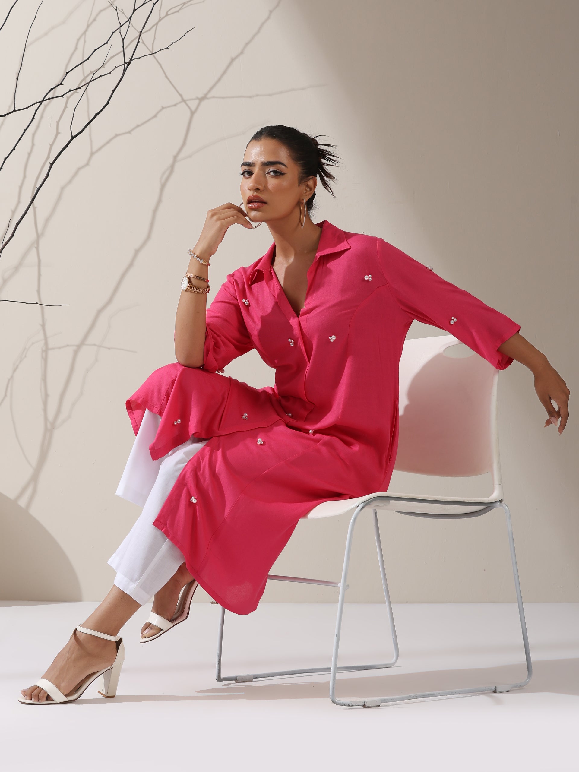 Women's Pink Viscose Paneled Kurta with Pearl-Embellished Collar & Pants | 2 Pc Set, Elegant Ethnic Co-ord, Soft Festive Wear