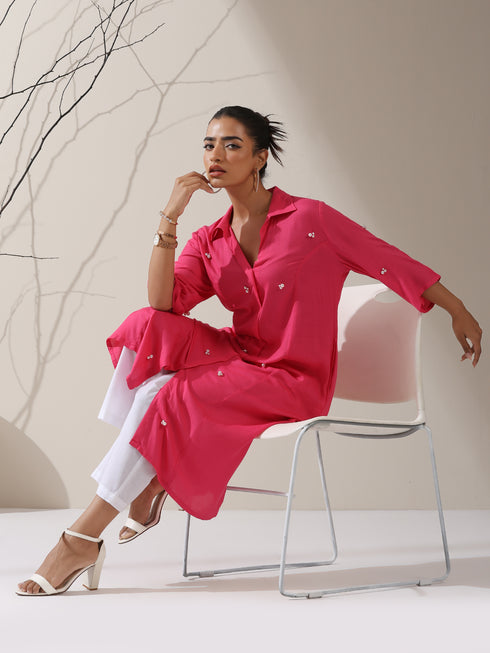 Women's Pink Viscose Paneled Kurta with Pearl-Embellished Collar & Pants | 2 Pc Set, Elegant Ethnic Co-ord, Soft Festive Wear
