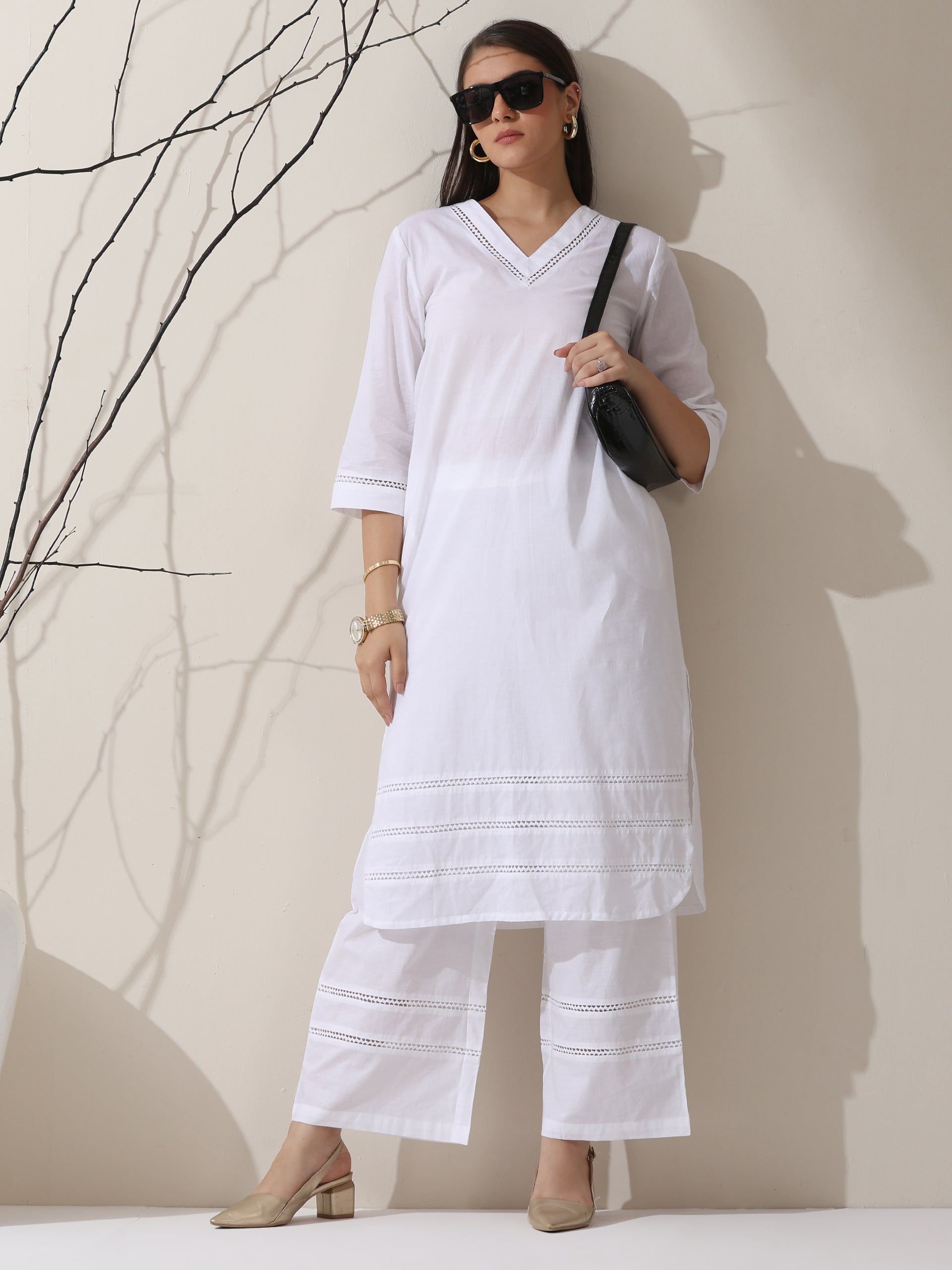 2-Piece White Cotton Kurta Set for Women – V-Neck Design with Lace Insets & Matching Pants | Elegant Everyday Ethnic Wear