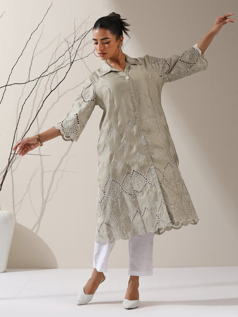 2-Piece Sage Green Lux Schiffli Kurta Set for Women – Embroidered Panelled Collar Design with White Cotton Pants