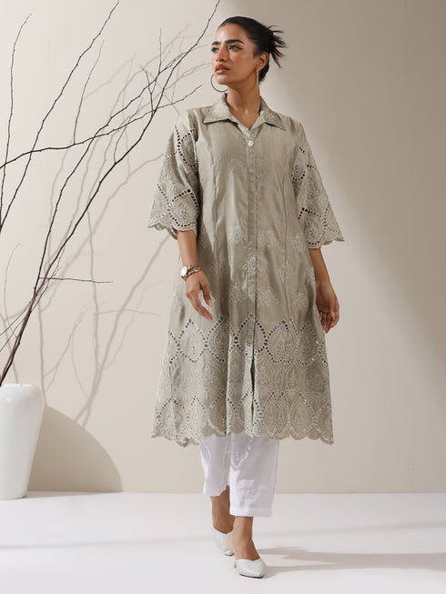 2-Piece Sage Green Lux Schiffli Kurta Set for Women – Embroidered Panelled Collar Design with White Cotton Pants