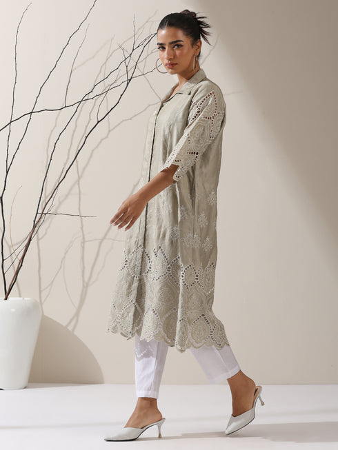 2-Piece Sage Green Lux Schiffli Kurta Set for Women – Embroidered Panelled Collar Design with White Cotton Pants