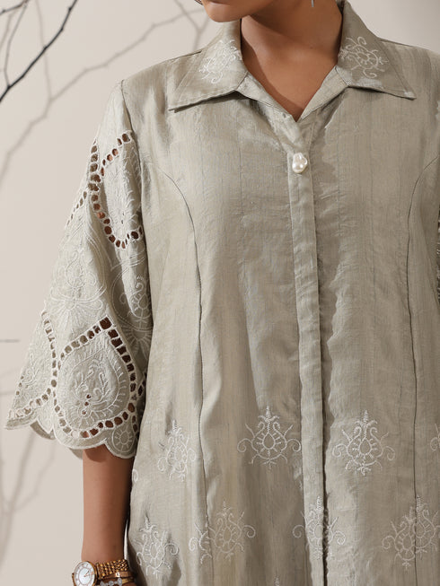 2-Piece Sage Green Lux Schiffli Kurta Set for Women – Embroidered Panelled Collar Design with White Cotton Pants