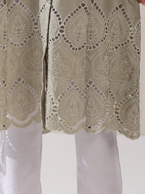 2-Piece Sage Green Lux Schiffli Kurta Set for Women – Embroidered Panelled Collar Design with White Cotton Pants