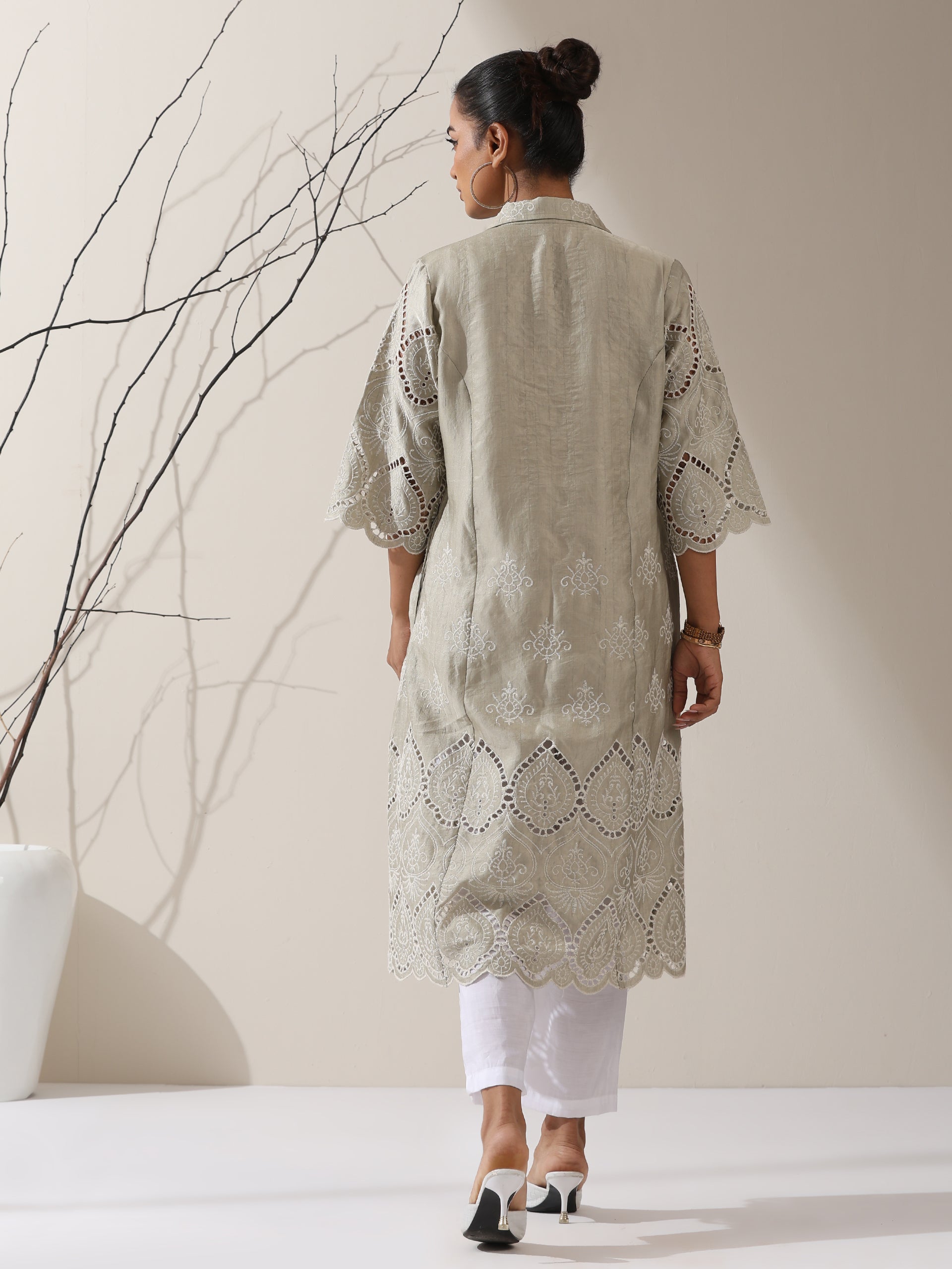 2-Piece Sage Green Lux Schiffli Kurta Set for Women – Embroidered Panelled Collar Design with White Cotton Pants