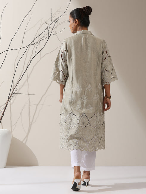 2-Piece Sage Green Lux Schiffli Kurta Set for Women – Embroidered Panelled Collar Design with White Cotton Pants