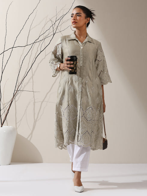 2-Piece Sage Green Lux Schiffli Kurta Set for Women – Embroidered Panelled Collar Design with White Cotton Pants