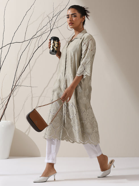 2-Piece Sage Green Lux Schiffli Kurta Set for Women – Embroidered Panelled Collar Design with White Cotton Pants