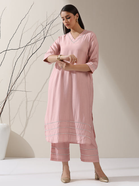 Women's Pink AirSkin V-Neck Kurta with Lace and Pearl Insets & Pants | 2 Pc Set, Soft Ethnic Co-ord, Lightweight & Elegant Everyday Wear