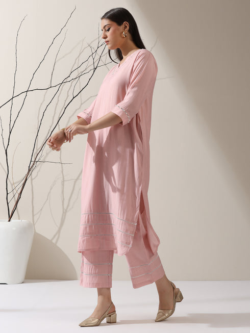 Women's Pink AirSkin V-Neck Kurta with Lace and Pearl Insets & Pants | 2 Pc Set, Soft Ethnic Co-ord, Lightweight & Elegant Everyday Wear