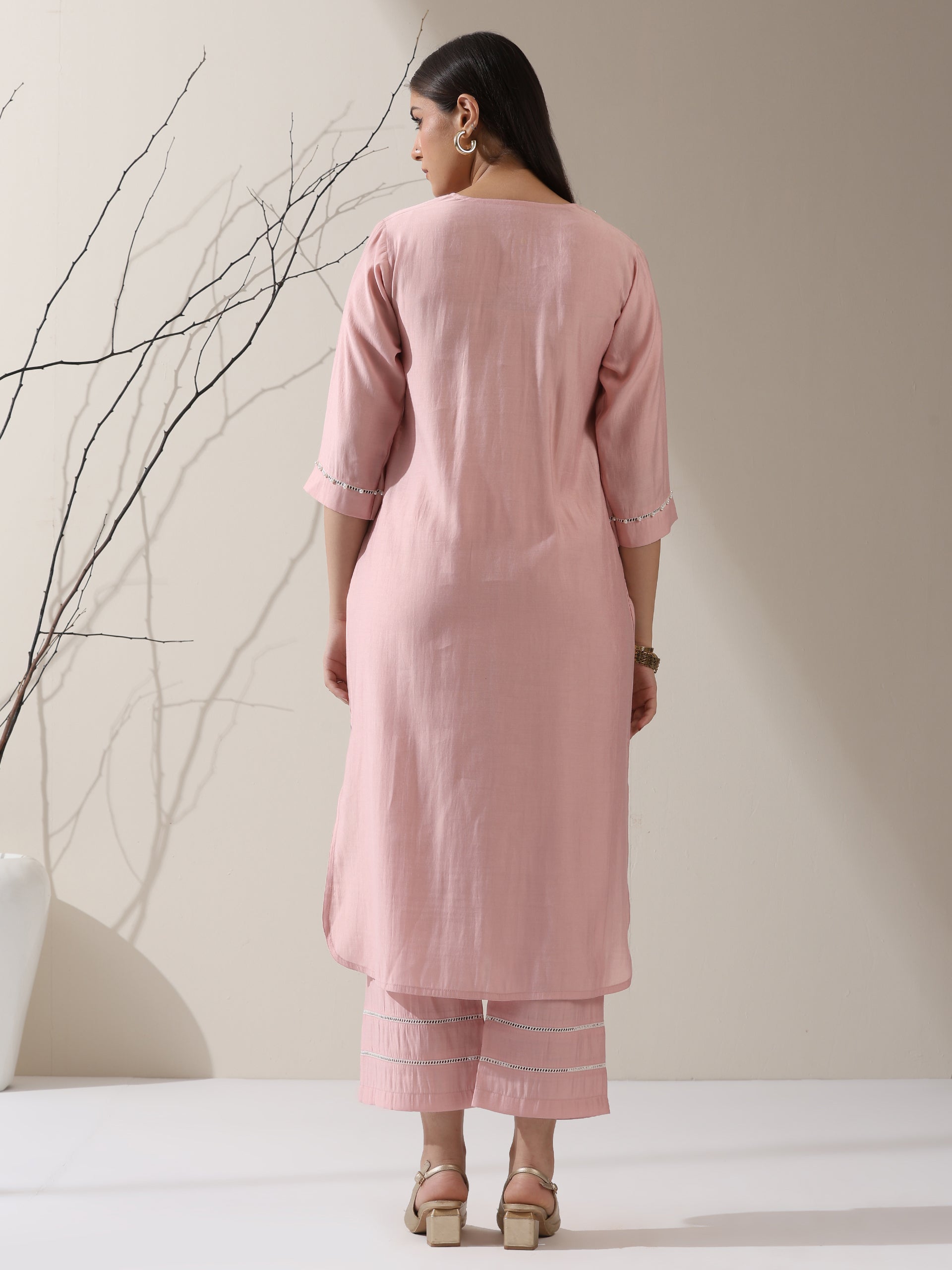 Women's Pink AirSkin V-Neck Kurta with Lace and Pearl Insets & Pants | 2 Pc Set, Soft Ethnic Co-ord, Lightweight & Elegant Everyday Wear