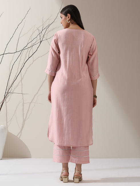 Women's Pink AirSkin V-Neck Kurta with Lace and Pearl Insets & Pants | 2 Pc Set, Soft Ethnic Co-ord, Lightweight & Elegant Everyday Wear