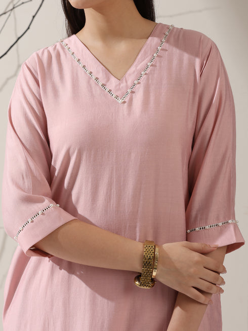 Women's Pink AirSkin V-Neck Kurta with Lace and Pearl Insets & Pants | 2 Pc Set, Soft Ethnic Co-ord, Lightweight & Elegant Everyday Wear