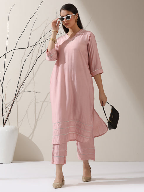 Women's Pink AirSkin V-Neck Kurta with Lace and Pearl Insets & Pants | 2 Pc Set, Soft Ethnic Co-ord, Lightweight & Elegant Everyday Wear