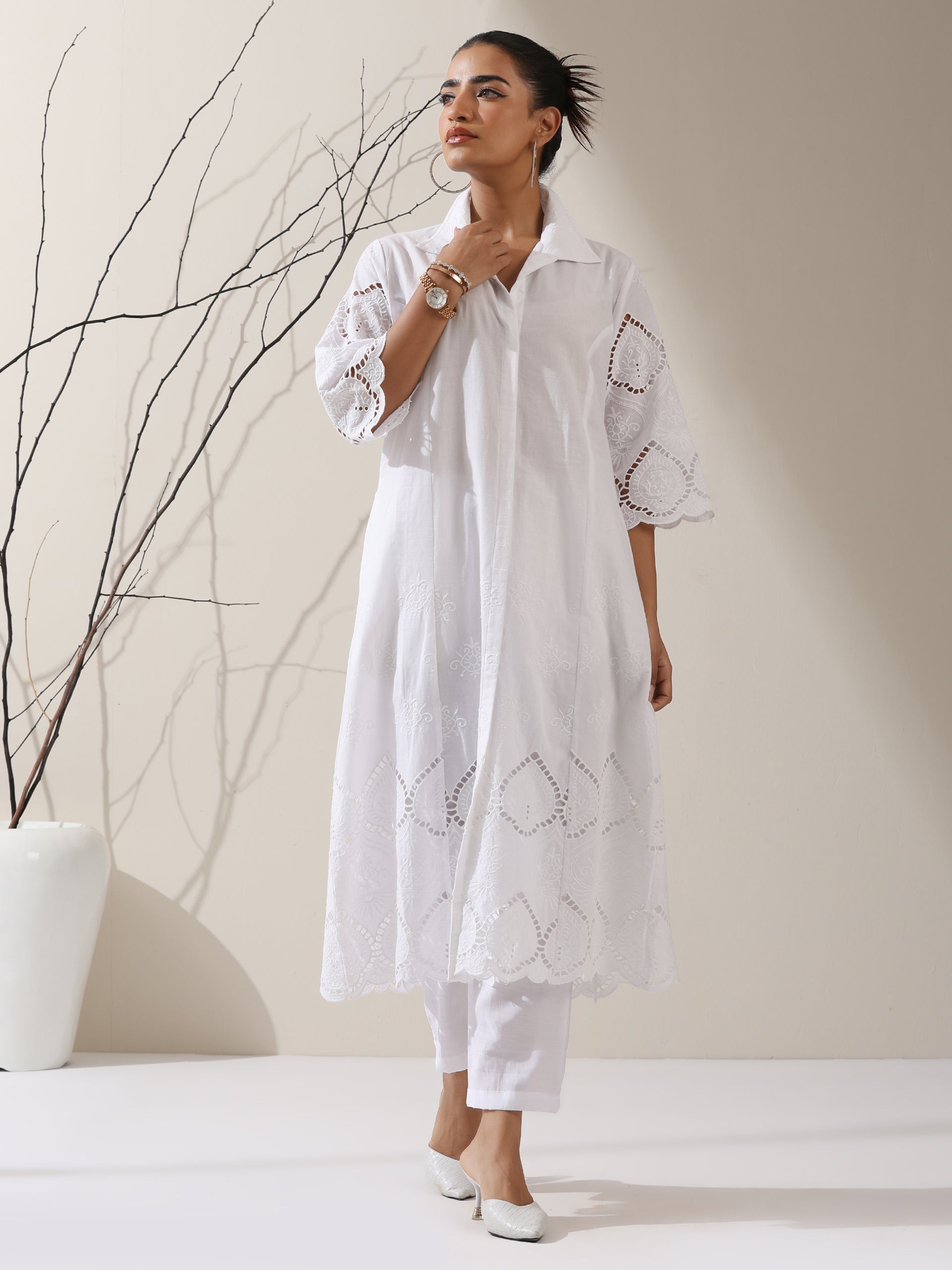Women's White Cotton Beetal Schiffli Kurta with Pants | 2 Pc Set, All-Over Embroidery, Collar Panel, Elegant Ethnic Wear