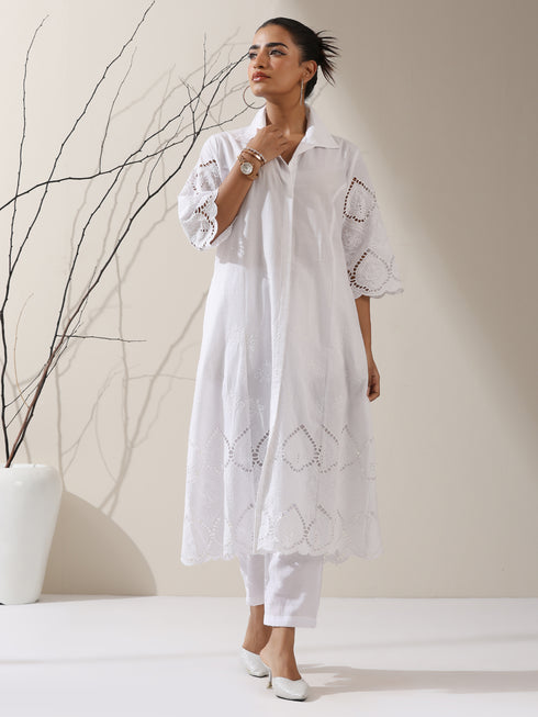 Women's White Cotton Beetal Schiffli Kurta with Pants | 2 Pc Set, All-Over Embroidery, Collar Panel, Elegant Ethnic Wear